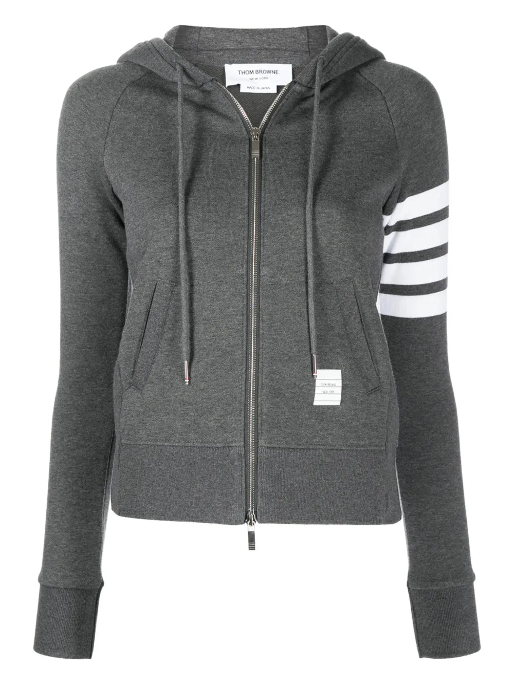 Thom Browne grey marl zip-up hoodie with four-bar white and grey stripe detail on the upper sleeve, full silver zip, drawstring hood, and front kangaroo pockets