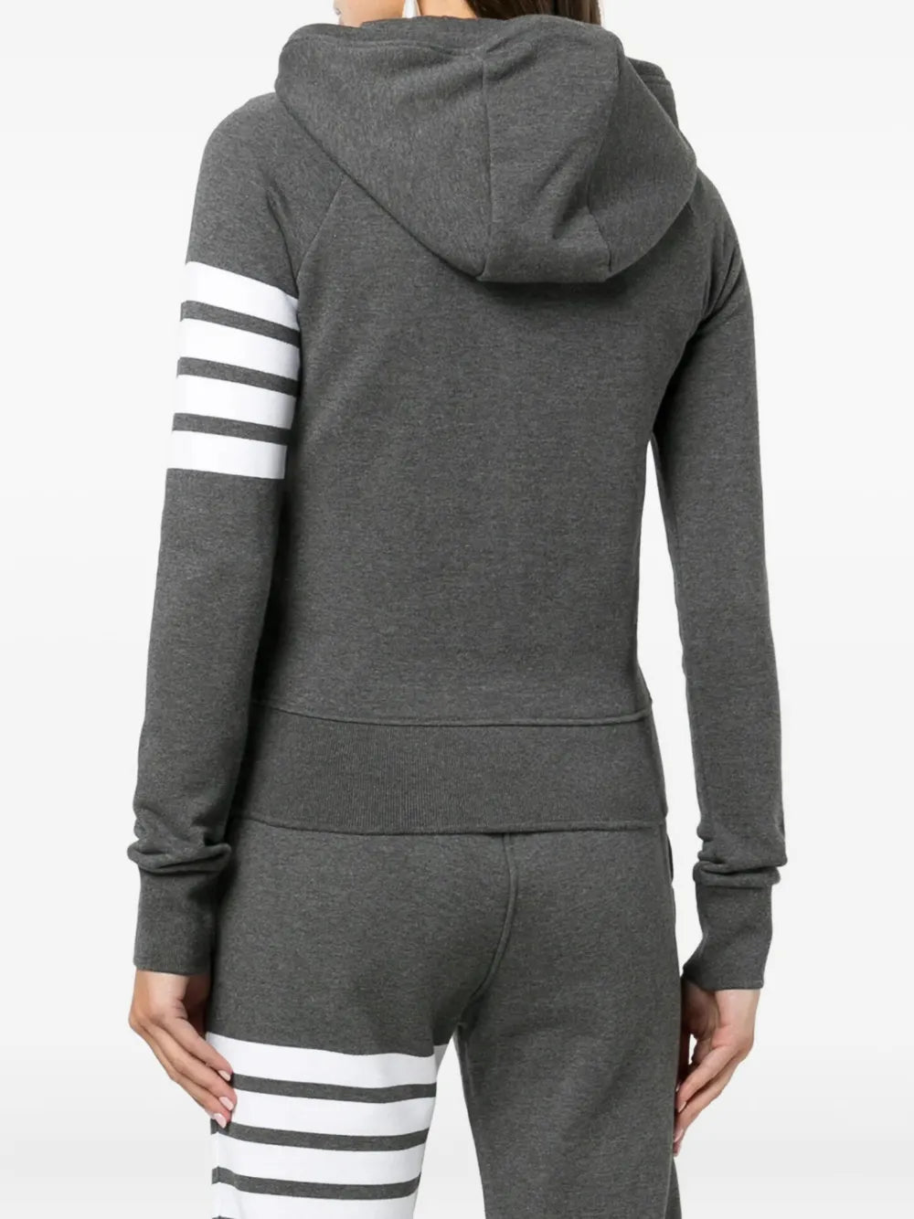 Thom Browne grey marl zip-up hoodie with four-bar white and grey stripe detail on the upper sleeve, full silver zip, drawstring hood, and front kangaroo pockets
