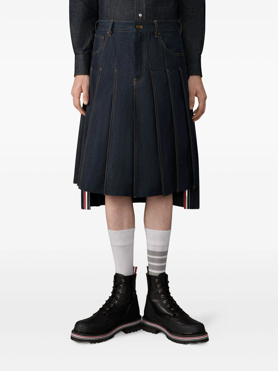 Denim 5 Pocket Knee Length Pleated Skirt