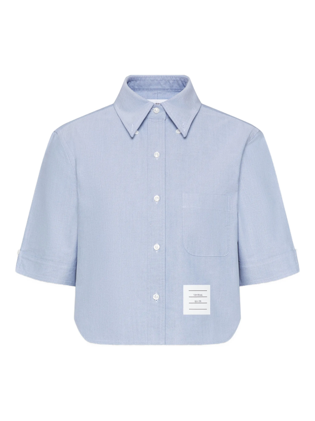Thom Browne light blue cropped point collar short sleeve Oxford shirt with chest pocket and signature brand label