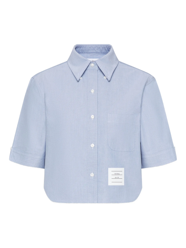 Thom Browne light blue cropped point collar short sleeve Oxford shirt with chest pocket and signature brand label