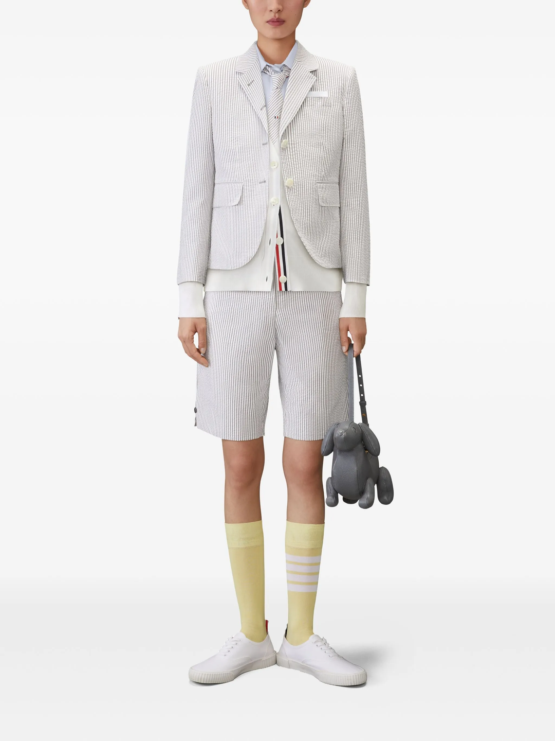 Thom Browne light blue cropped point collar short sleeve Oxford shirt with chest pocket and signature brand label