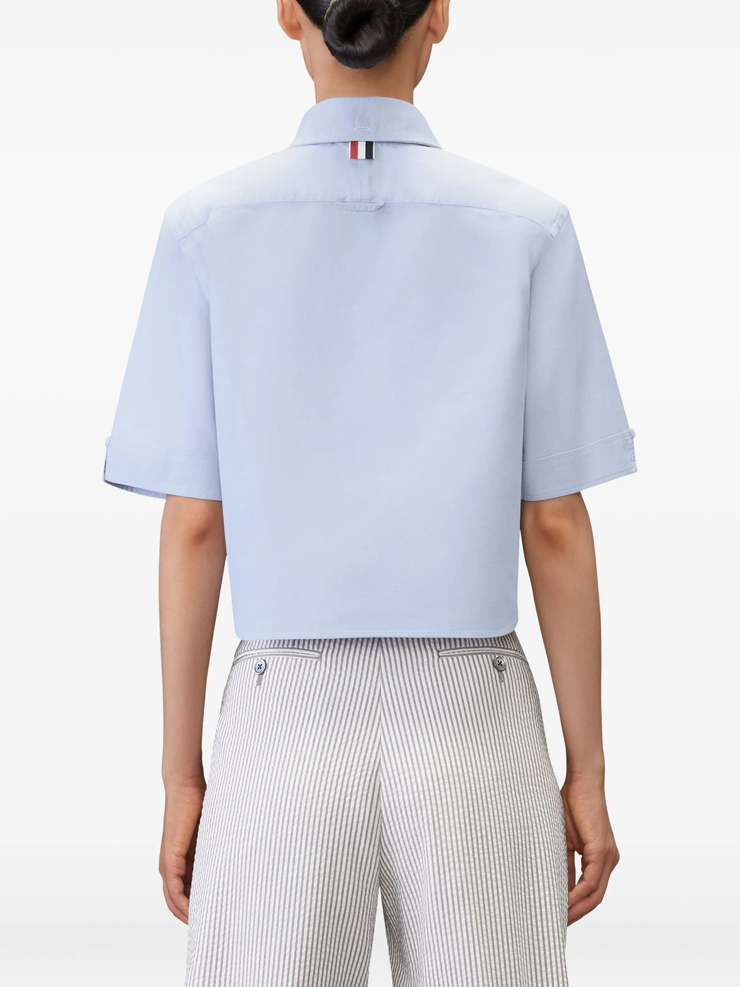 Thom Browne light blue cropped point collar short sleeve Oxford shirt with chest pocket and signature brand label