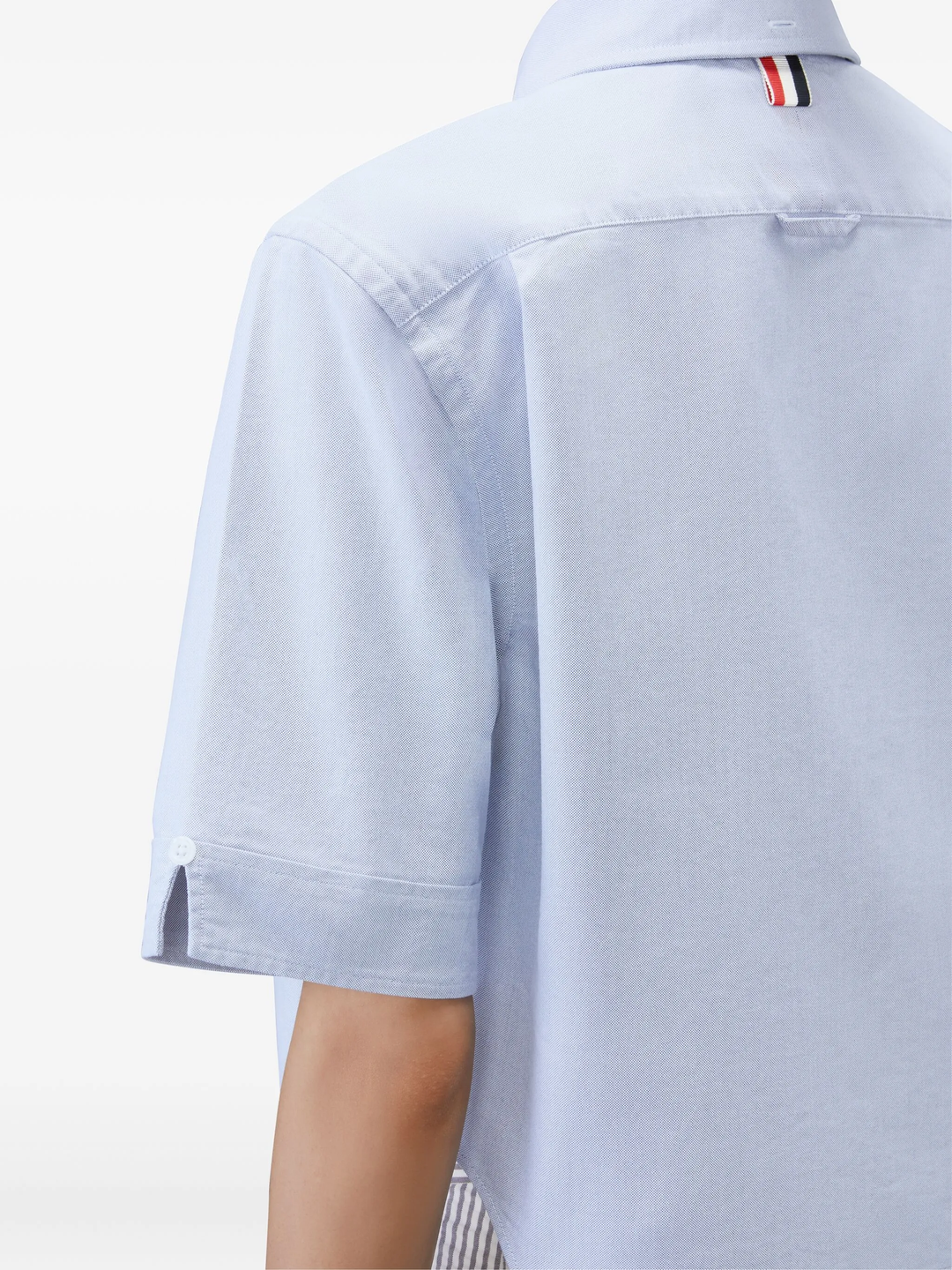 Thom Browne light blue cropped point collar short sleeve Oxford shirt with chest pocket and signature brand label