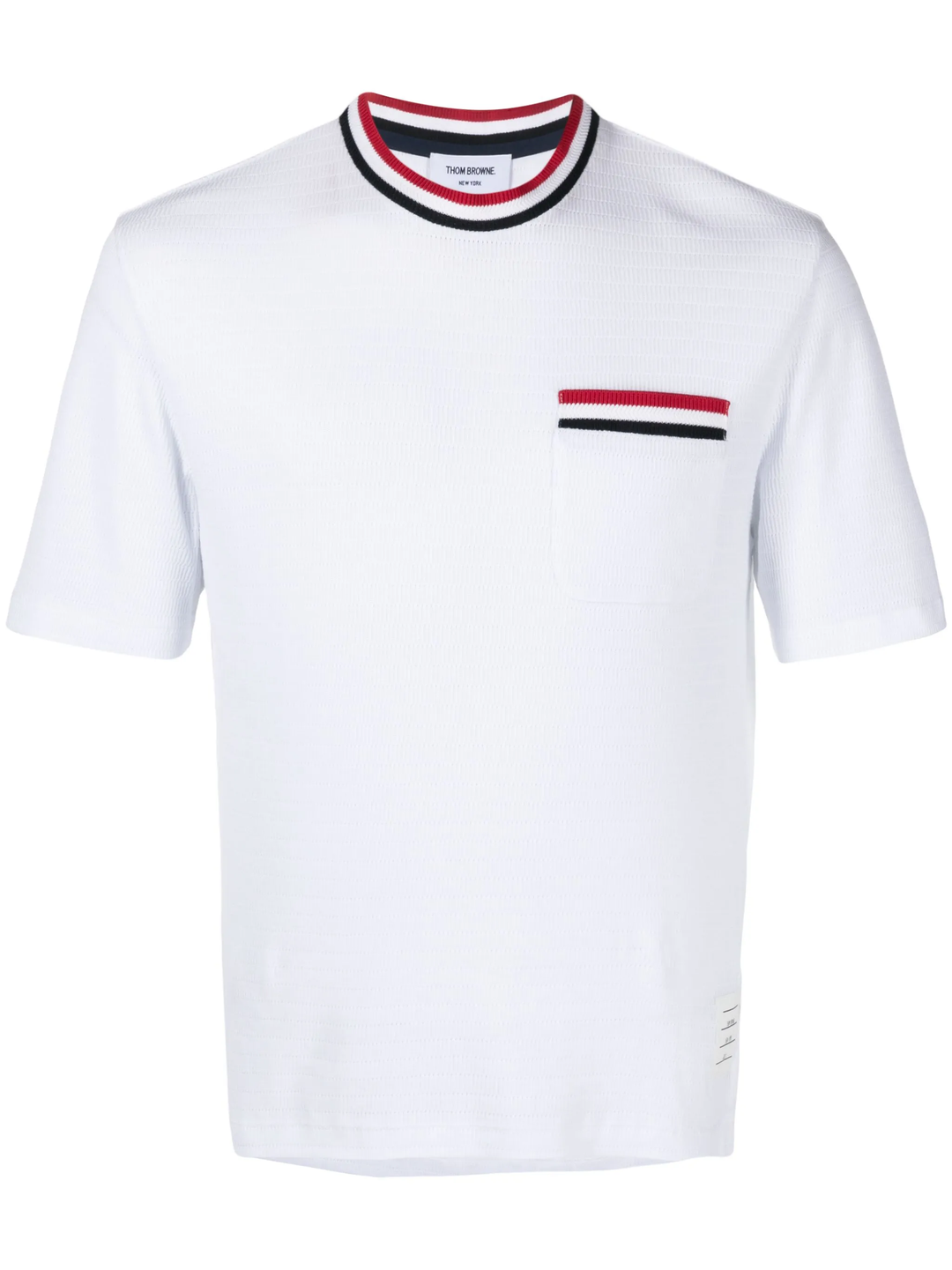Thom Browne white short sleeve racking stitch crewneck tee with red, white, and navy stripe collar and chest pocket trim