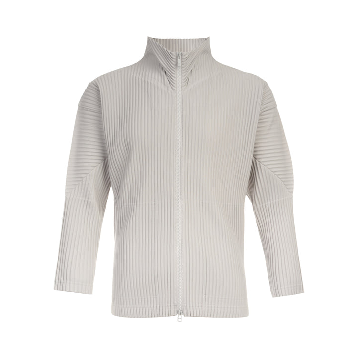 Homme Plissé Issey Miyake Basics Zip-Up Cardigan in light grey with all-over steam pleating, funnel neck, and full-length tonal zip, displayed flat on white background