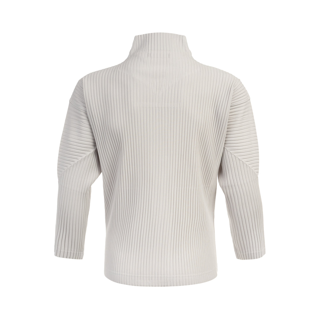 Homme Plissé Issey Miyake Basics Zip-Up Cardigan in light grey with all-over steam pleating, funnel neck, and full-length tonal zip, displayed flat on white background - view 2