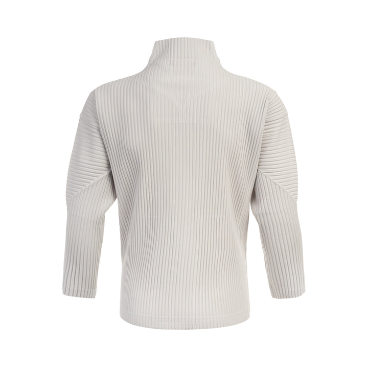 Homme Plissé Issey Miyake Basics Zip-Up Cardigan in light grey with all-over steam pleating, funnel neck, and full-length tonal zip, displayed flat on white background - view 2