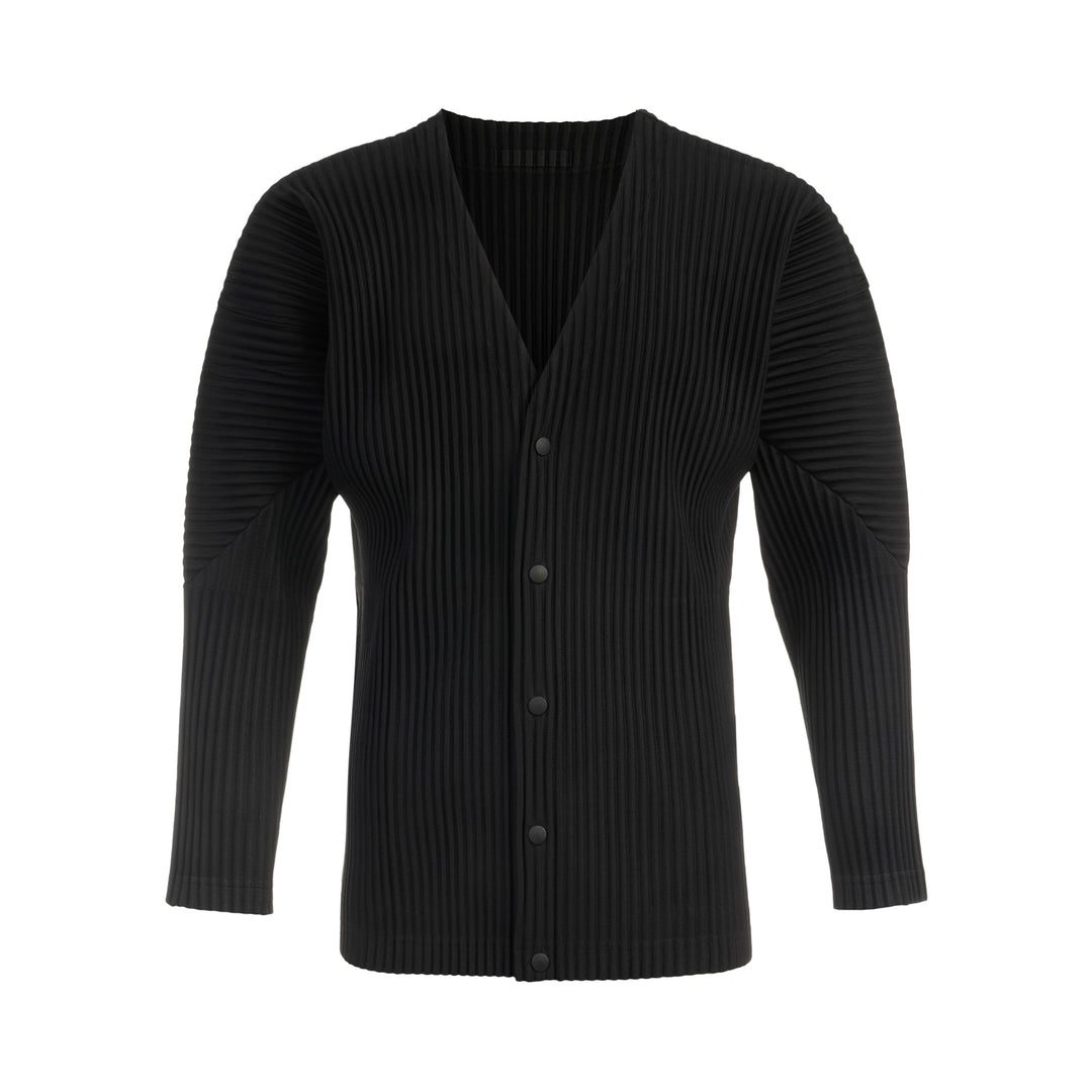 Homme Plissé Issey Miyake Basic Button Cardigan in black, featuring signature permanent accordion pleating across the body and long sleeves, with a deep V-neckline and four snap-button front closure