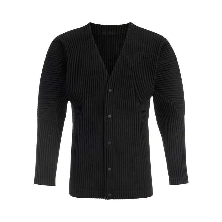 Homme Plissé Issey Miyake Basic Button Cardigan in black, featuring signature permanent accordion pleating across the body and long sleeves, with a deep V-neckline and four snap-button front closure