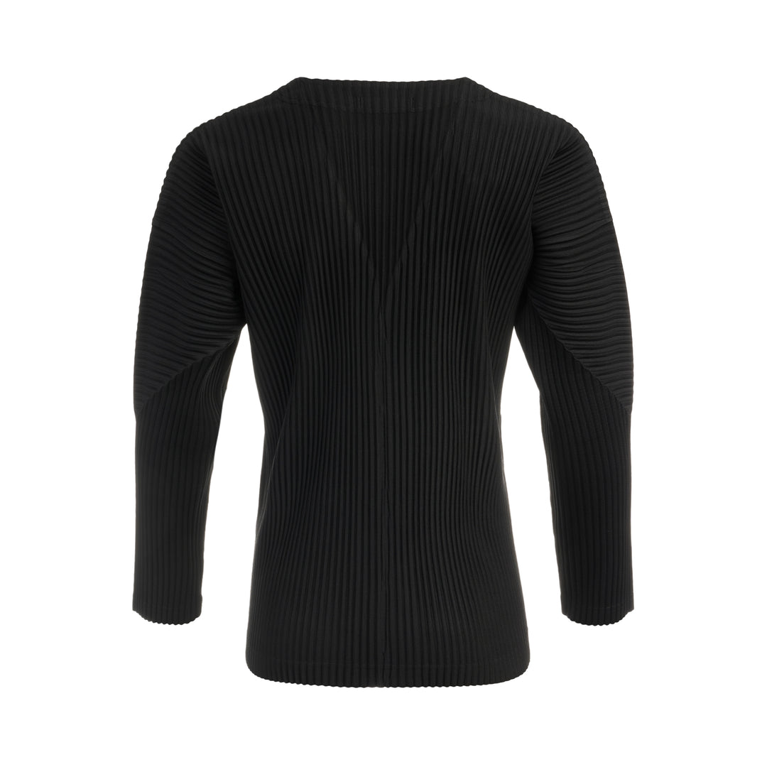 Homme Plissé Issey Miyake Basic Button Cardigan in black, featuring signature permanent accordion pleating across the body and long sleeves, with a deep V-neckline and four snap-button front closure - view 2