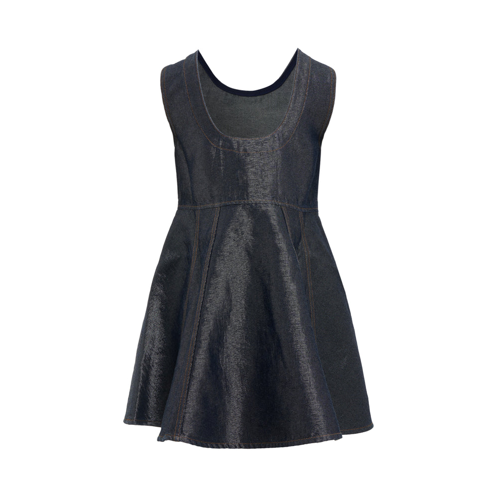 Ganni Shiny Weft Denim Mini Dress in dark indigo with metallic sheen, sleeveless A-line silhouette, contrast stitching and snap waist pocket tabs – back view on white background