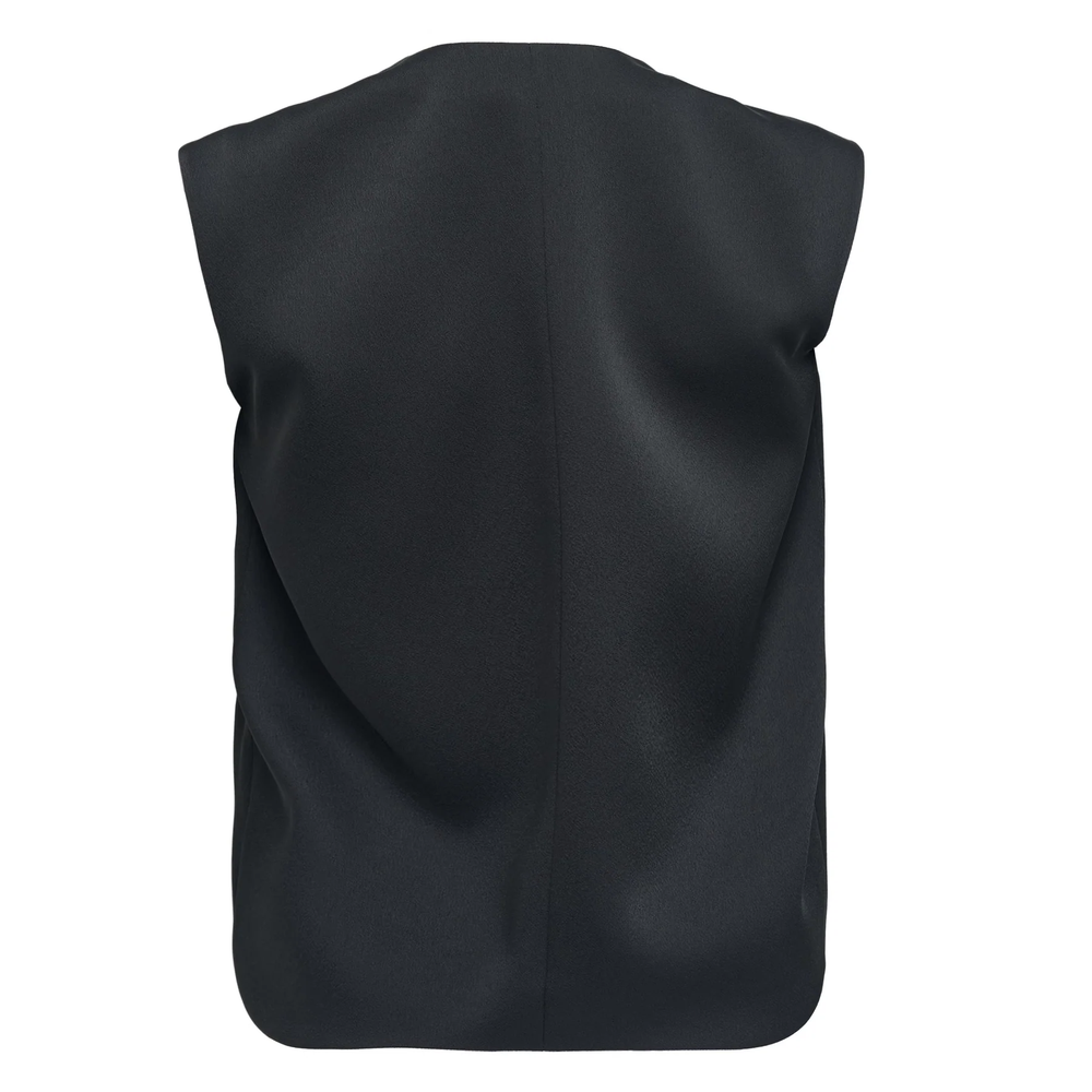 Club21 Collection Noelle sleeveless draped woven top in black with asymmetric front panel and single button neckline fastening