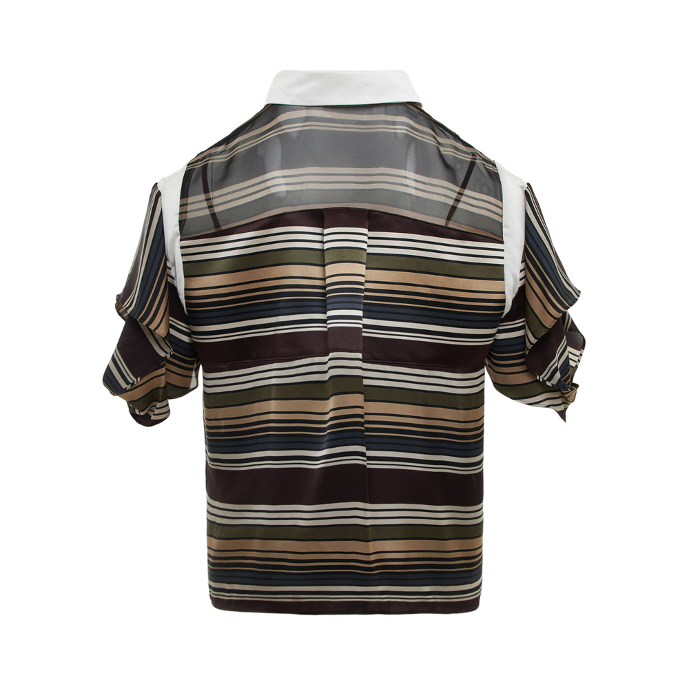 sacai multicolour horizontal stripe short sleeve shirt with white contrast collar, open-shoulder panelling, and gathered cuff detailing, displayed flat on a white background