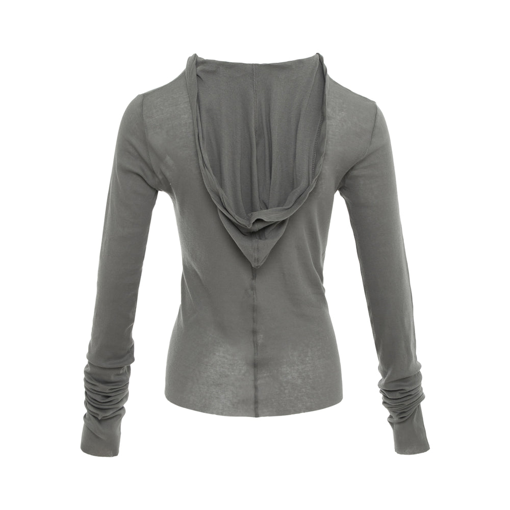 Rick Owens Cropped Hooded Long Sleeve Tee in greige stretch jersey, featuring a slim hood and elongated draped cuffs, shown on a ghost form against a white background
