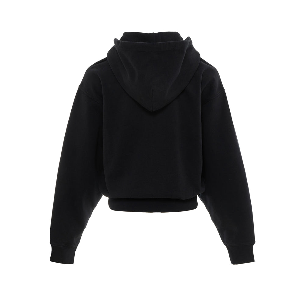 Alexander Wang black cropped zip-up hoodie with rhinestone detailing, rear view showing oversized hood and ribbed cuffs
