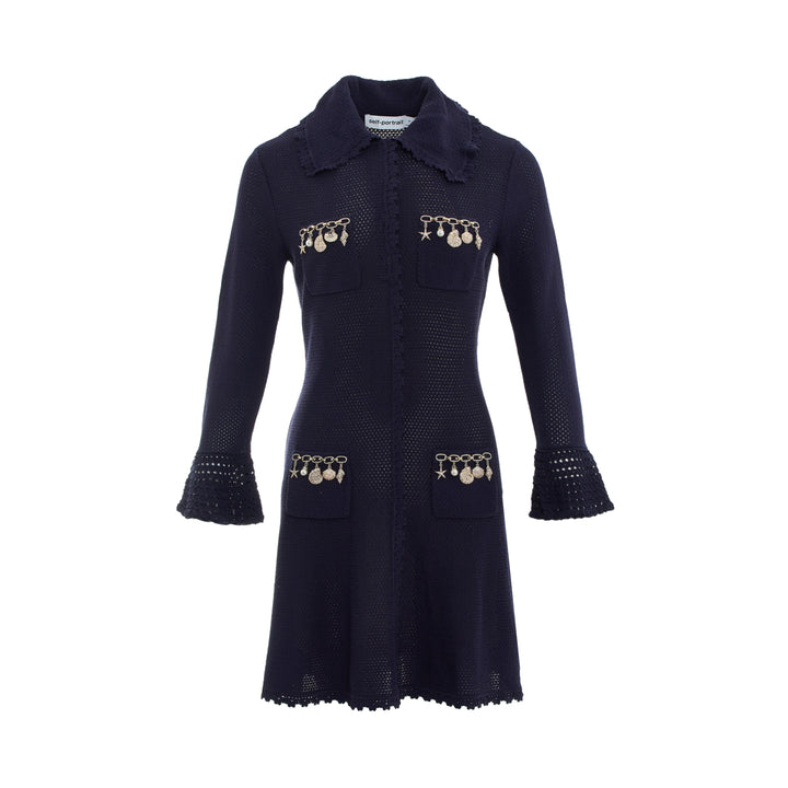 Navy Shell Embellished Knit Mini Dress