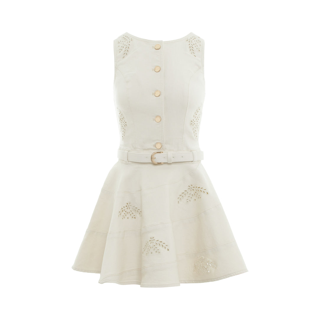 Cream Broderie Denim Sleeveless Dress