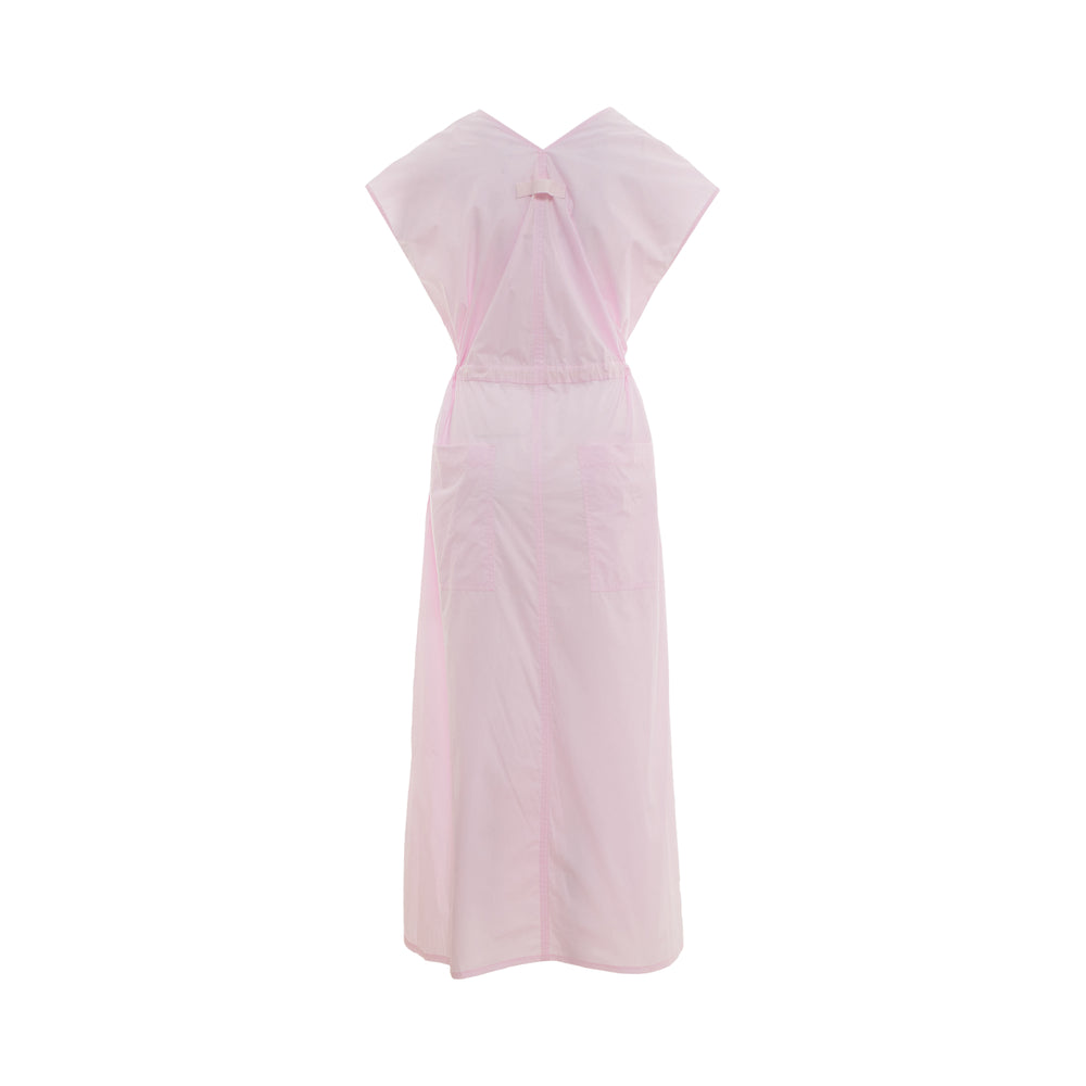 Lee Mathews Poplin V-Neck Midi Dress in soft pink with cap sleeves and cream drawstring waist tie
