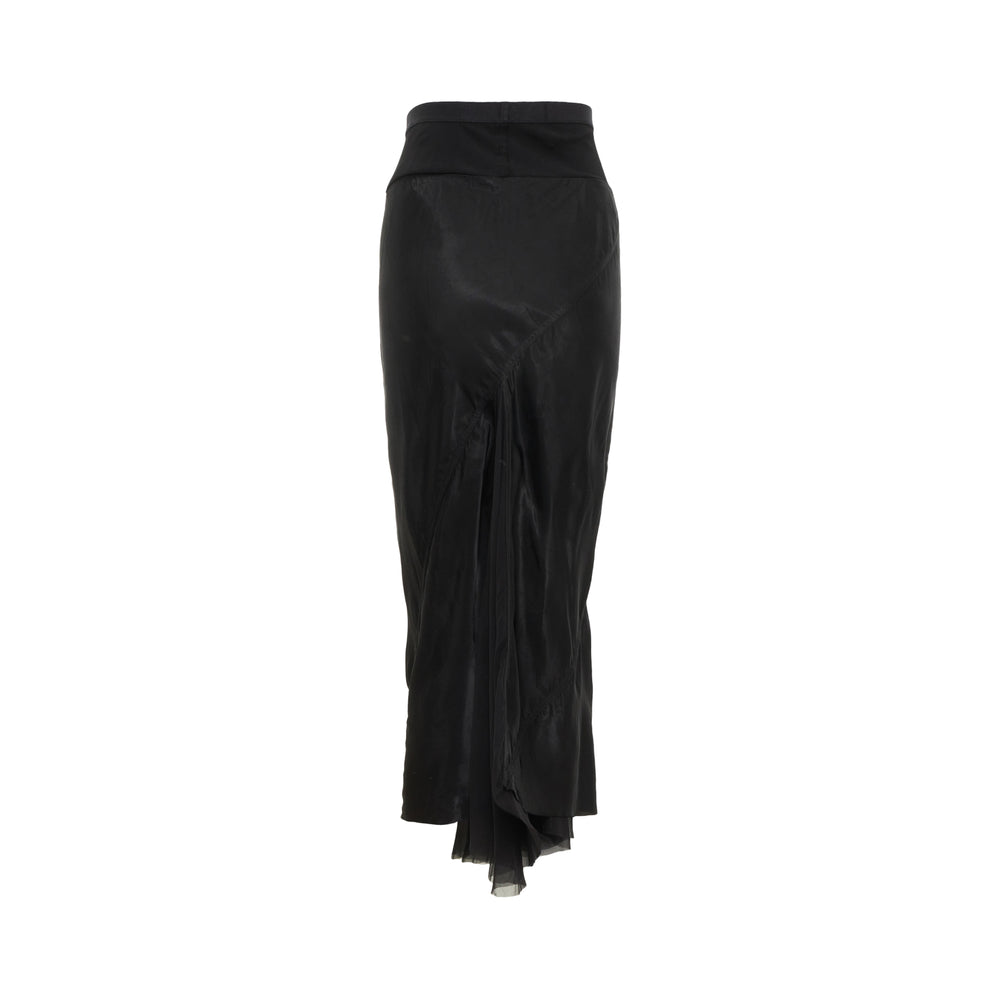 Rick Owens black satin bias-cut A-line maxi skirt with wide waistband and sheer mesh hem overlay, front view on white background