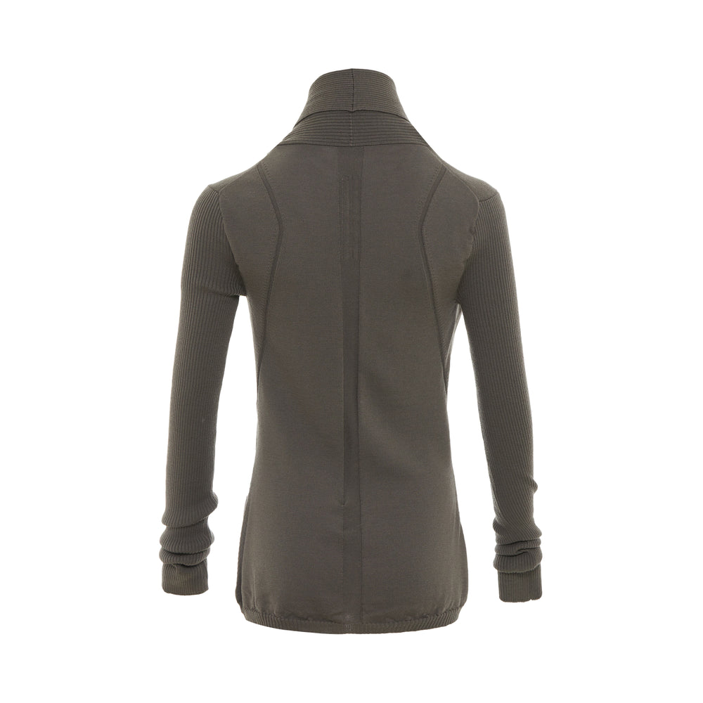 Rick Owens Naska open-front knit cardigan in olive khaki with ribbed lapels and long sleeves