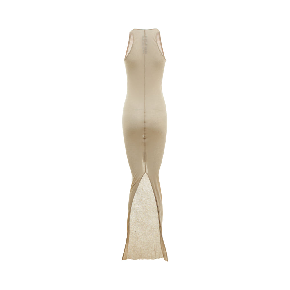Rick Owens Basic Tank Gown in a semi-sheer nude fine knit, featuring a high racerback neckline and a fluid floor-length silhouette with a draped hem