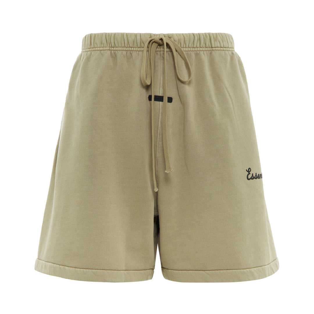 Fear of God Essentials Training Classic Fit Short in olive green with elasticated drawstring waistband and script logo embroidery on leg