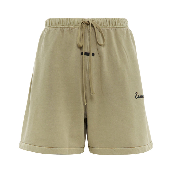 Fear of God Essentials Training Classic Fit Short in olive green with elasticated drawstring waistband and script logo embroidery on leg