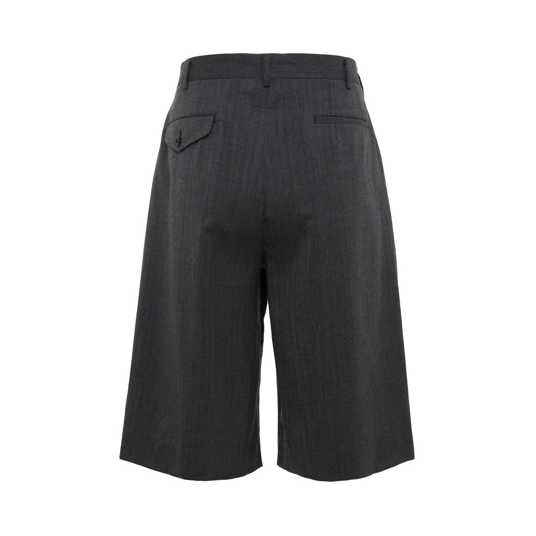 COMME des GARCONS HOMME PLUS Pleated Wide-Leg Shorts in charcoal grey with deep forward pleats and high-rise waistband, front view on white background