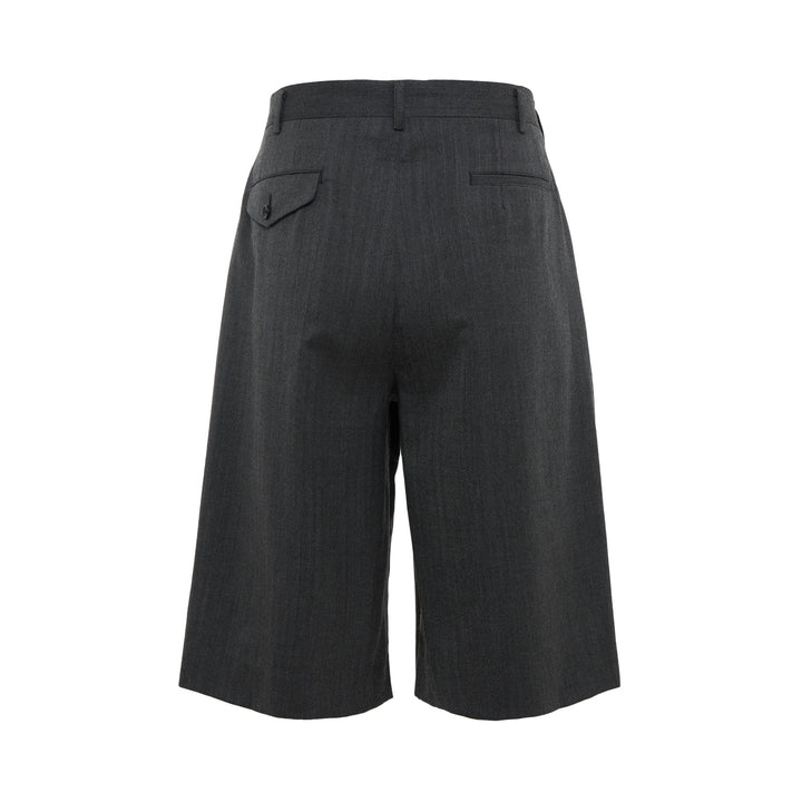 COMME des GARCONS HOMME PLUS Pleated Wide-Leg Shorts in charcoal grey with deep forward pleats and high-rise waistband, front view on white background