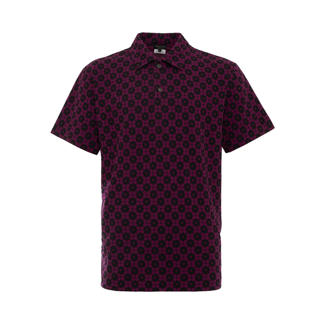 COMME des GARÇONS HOMME PLUS Floral Print Polo Shirt in deep magenta and black all-over geometric floral pattern