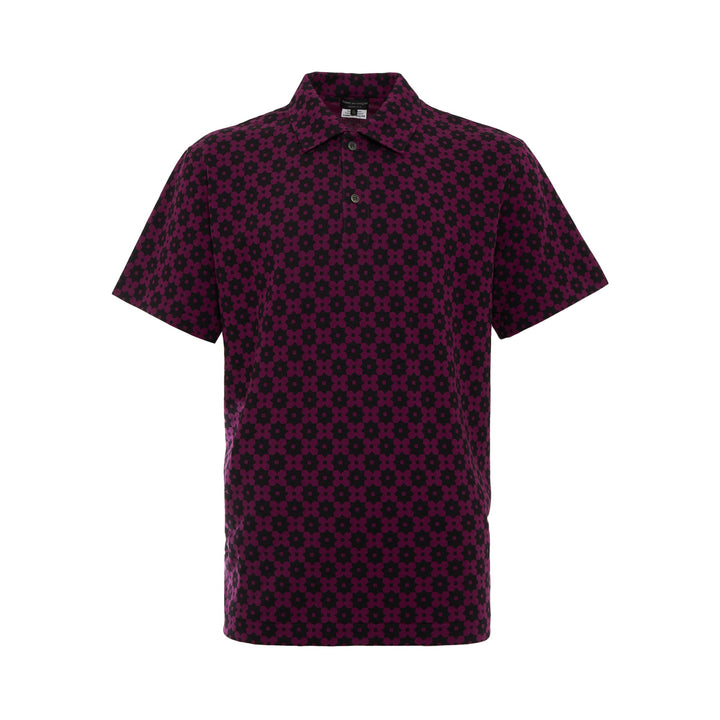 COMME des GARÇONS HOMME PLUS Floral Print Polo Shirt in deep magenta and black all-over geometric floral pattern