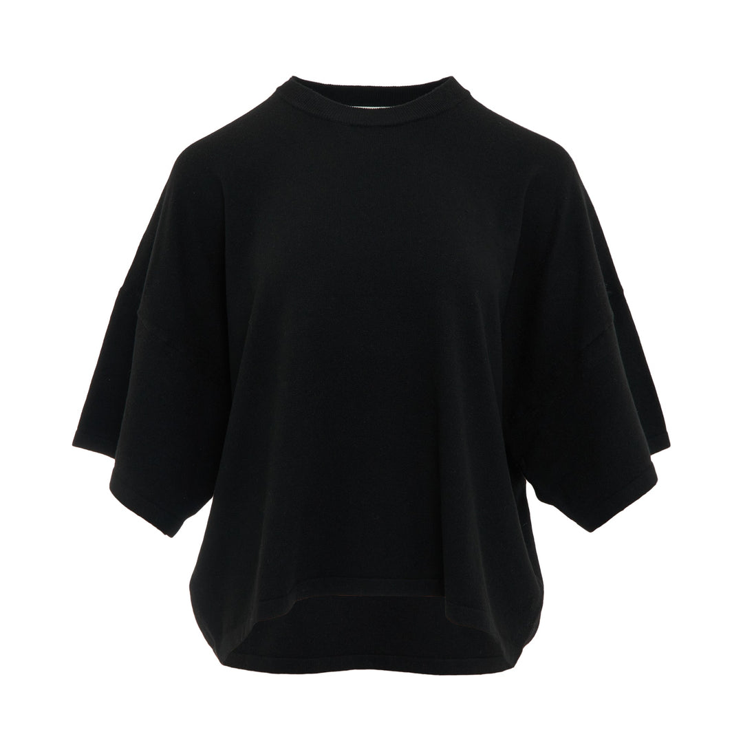 Fear of God ESSENTIALS Women's Boxy Knit Tee in black with wide flutter sleeves and ribbed crew neckline