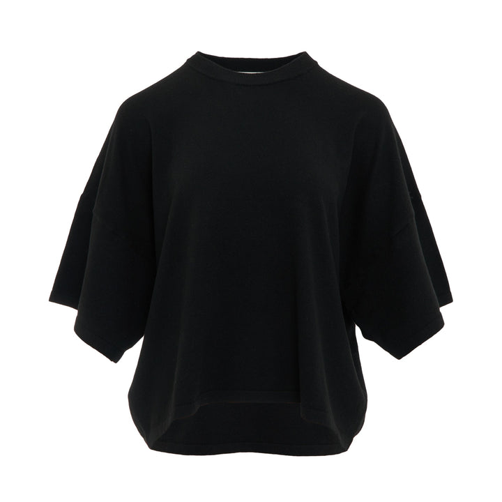 Fear of God ESSENTIALS Women's Boxy Knit Tee in black with wide flutter sleeves and ribbed crew neckline