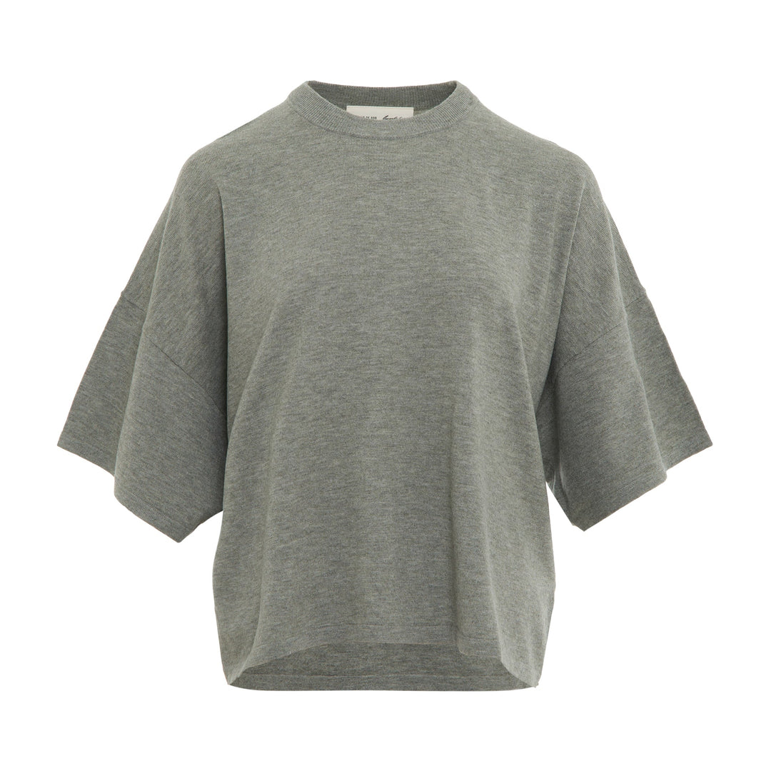 Fear of God ESSENTIALS Women's Boxy Knit Tee in heather grey with wide short sleeves and ribbed mock neckline, flat lay on white background