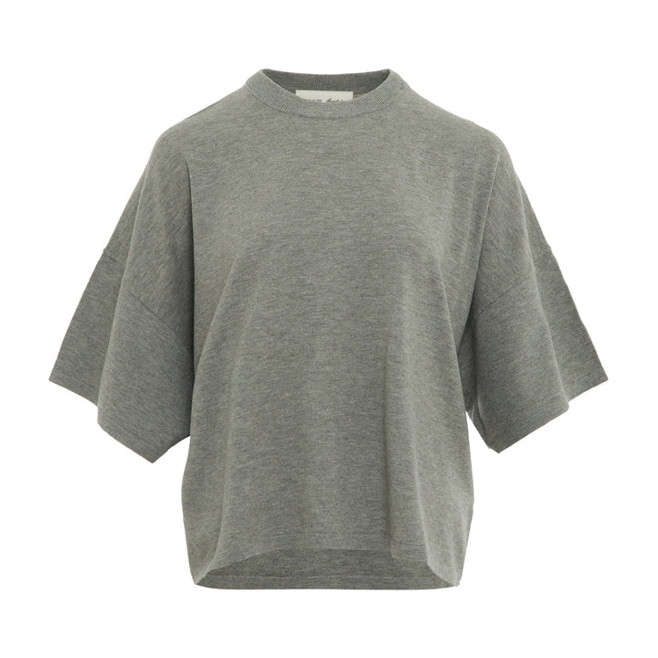 Fear of God ESSENTIALS Women's Boxy Knit Tee in heather grey with wide short sleeves and ribbed mock neckline, flat lay on white background