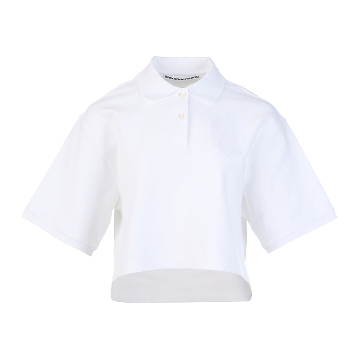 Alexander Wang oversized cropped piqué polo top in washed blue with a spread collar, two-button placket, dropped shoulders, and tonal logo embroidery on the chest