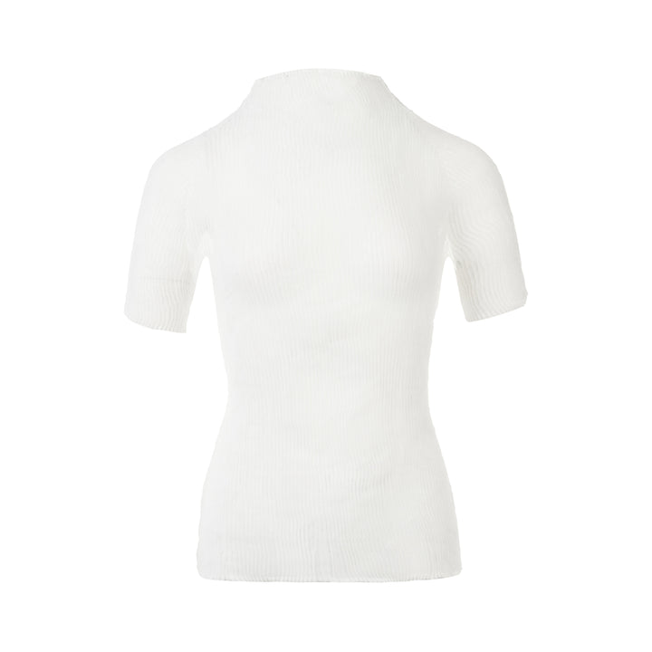 Issey Miyake Chiffon Twist Short Sleeve Shirt in white, featuring a ribbed knit texture, mock neck collar, and fitted silhouette, shown from the back