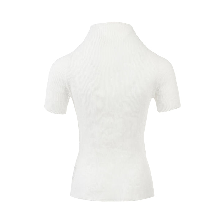 Issey Miyake Chiffon Twist Short Sleeve Shirt in white, featuring a ribbed knit texture, mock neck collar, and fitted silhouette, shown from the back