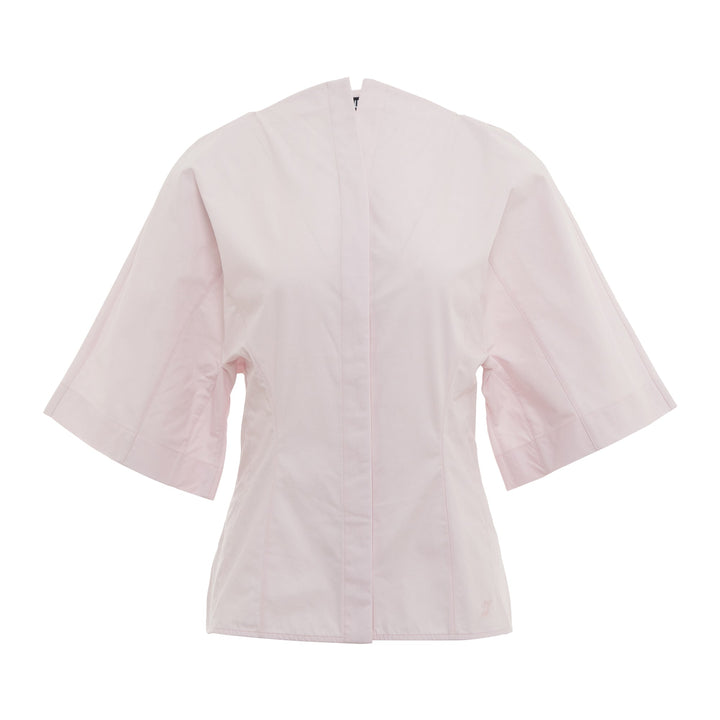 Jacquemus La Chemise Moisson Blouse in light blush pink with wide structured sleeves and fitted waist, back view