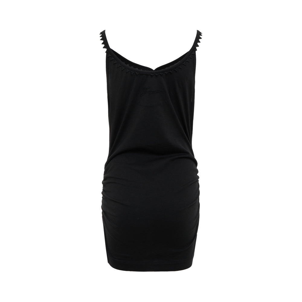JACQUEMUS Clavela black mini tank dress with V-neckline, button placket, zigzag shoulder straps, and ruched sides