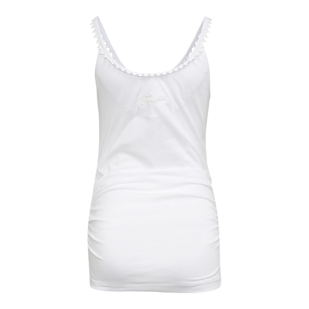 JACQUEMUS Clavela black mini tank dress with V-neckline, button placket, zigzag shoulder straps, and ruched sides