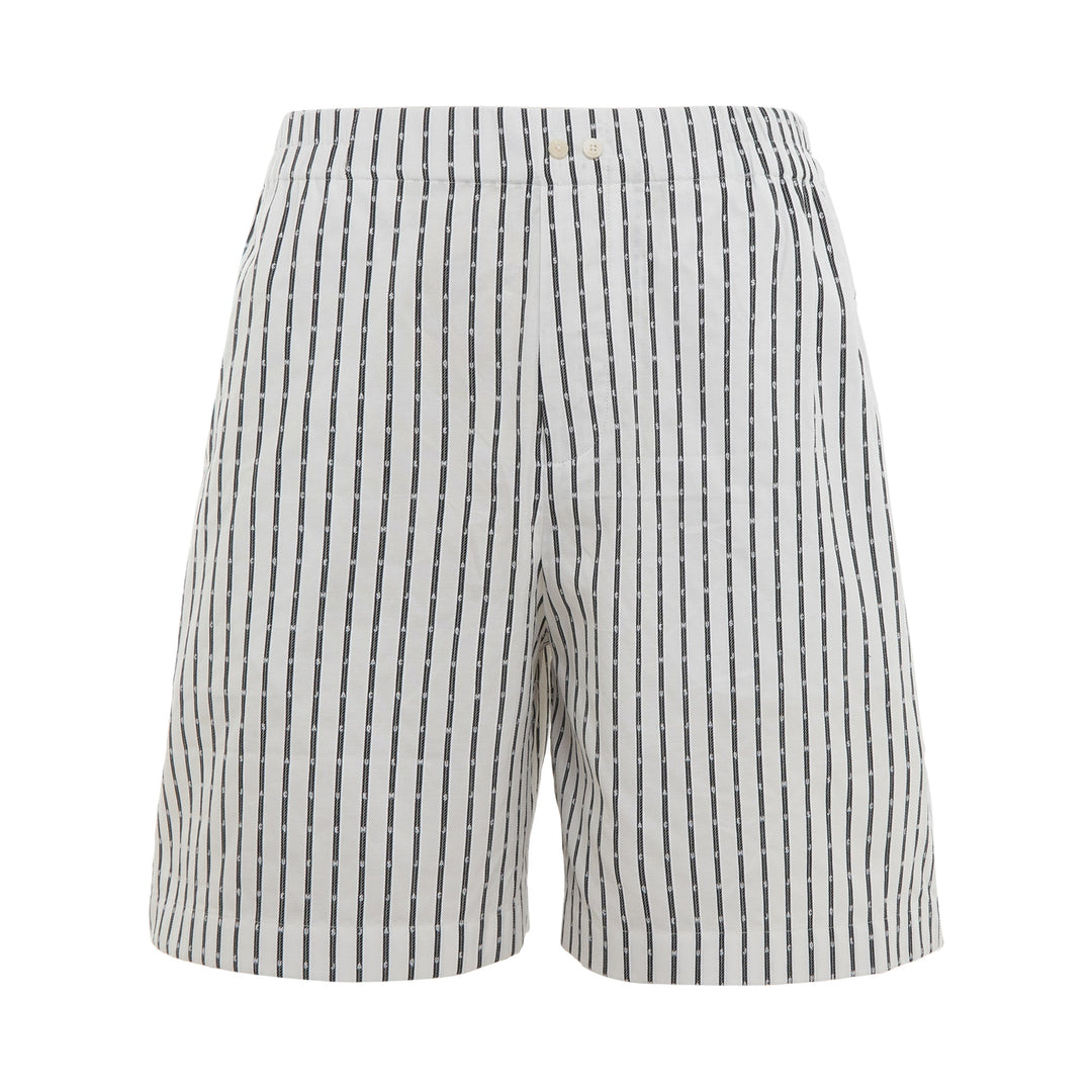 Jacquemus white striped Bermuda shorts with vertical navy logo-print stripes and button waist closure