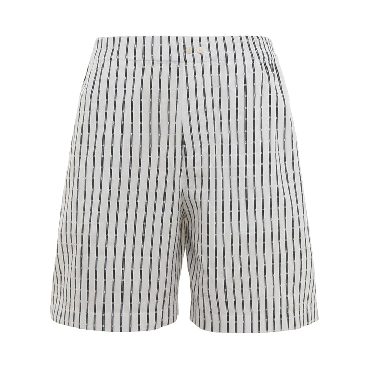 Jacquemus white striped Bermuda shorts with vertical navy logo-print stripes and button waist closure