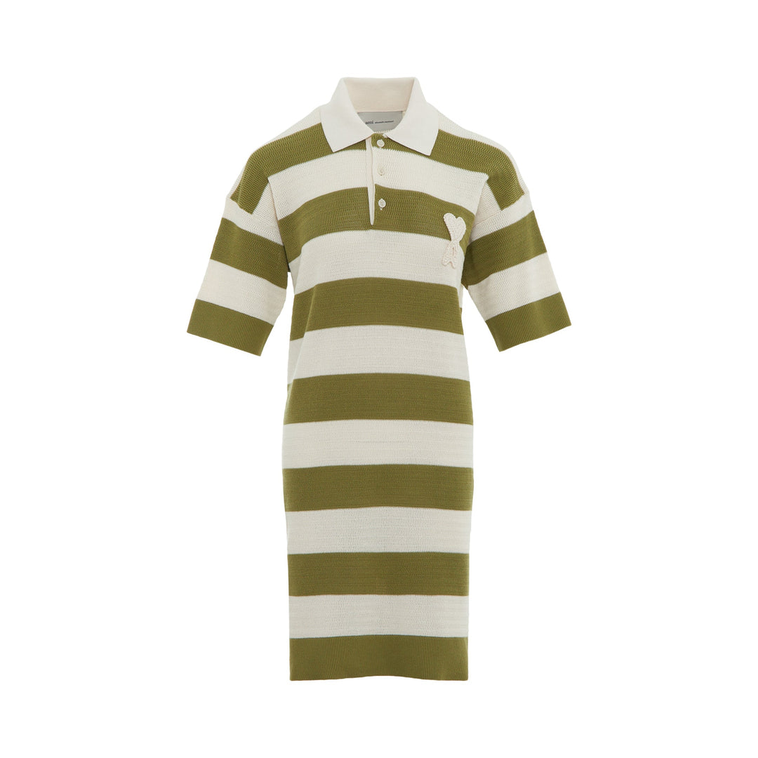 AMI Striped Knit Polo Dress in olive green and cream horizontal stripes with signature heart logo patch and polo collar