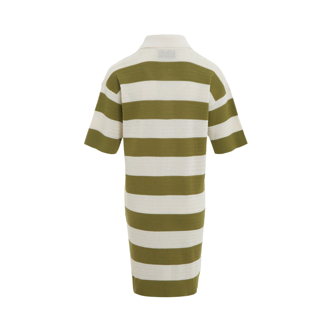 AMI Striped Knit Polo Dress in olive green and cream horizontal stripes with signature heart logo patch and polo collar