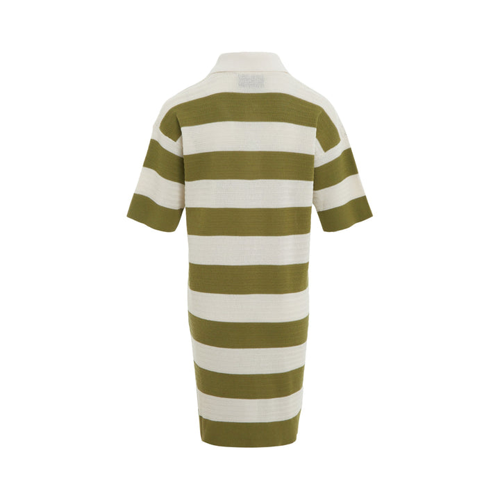 AMI Striped Knit Polo Dress in olive green and cream horizontal stripes with signature heart logo patch and polo collar
