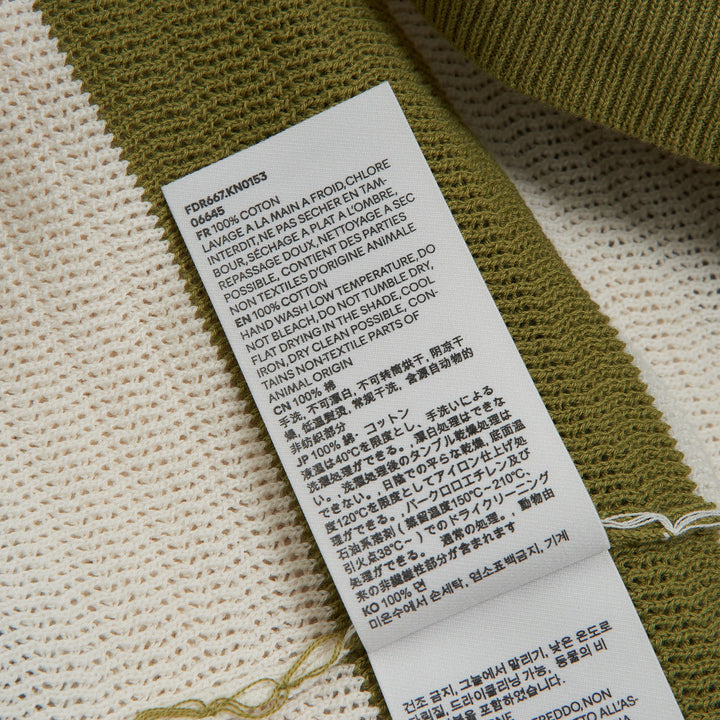 AMI Striped Knit Polo Dress in olive green and cream horizontal stripes with signature heart logo patch and polo collar