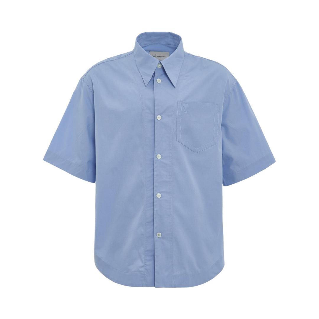 AMI Wide Patch Pocket Shirt in light blue with short sleeves, point collar, front button placket, and chest patch pocket