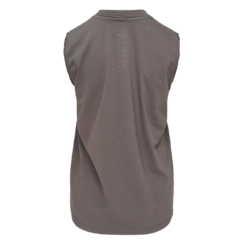 Rick Owens sleeveless tank top in dusty charcoal grey with exposed geometric seam panelling across the chest and elongated hem, front view on white background